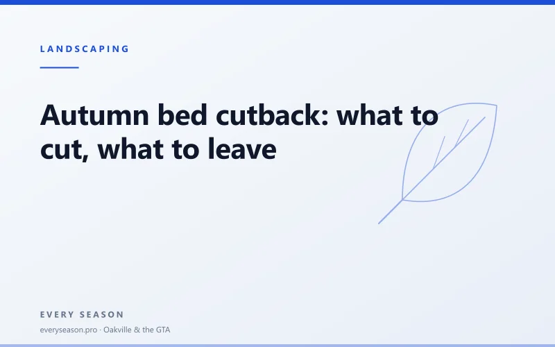 Light editorial banner reading Autumn Bed Cutback with a leaf motif, over the kicker LANDSCAPING