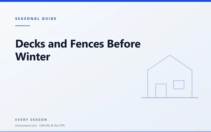 Light editorial banner reading Decks and Fences Before Winter with a house outline motif