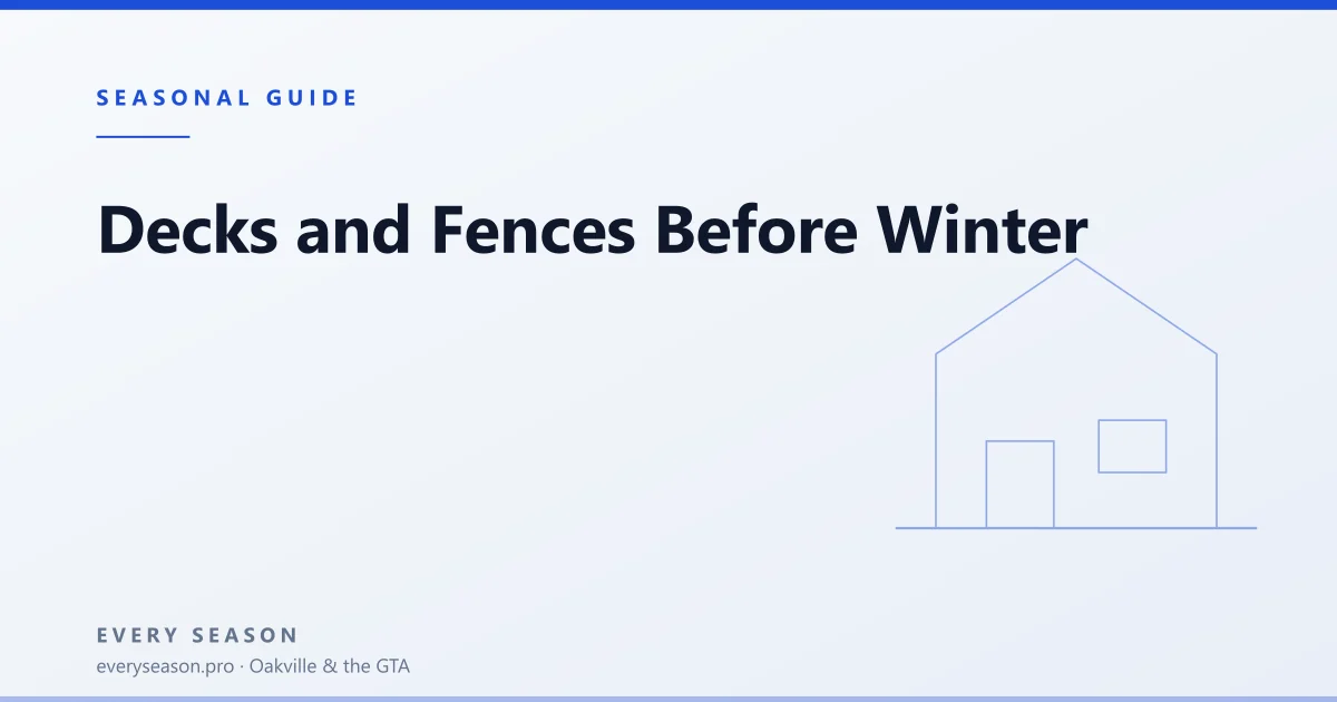 Light editorial banner reading Decks and Fences Before Winter with a house outline motif
