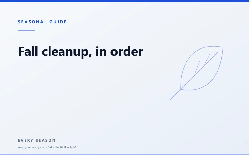 Light editorial banner with a falling leaf outline and the title Fall cleanup, in order