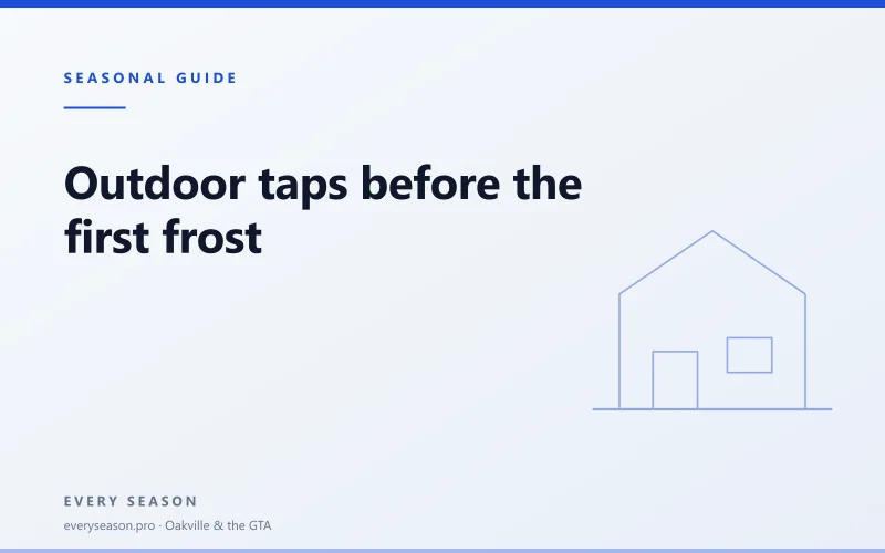 Light editorial banner reading Outdoor taps before the first frost, with a house motif