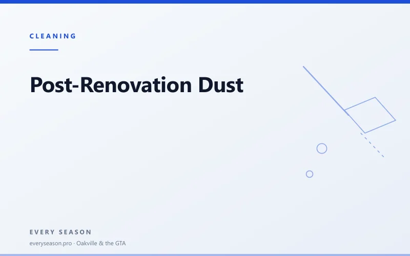 Editorial banner reading 'Post-Renovation Dust' with a line-drawn cleaning motif