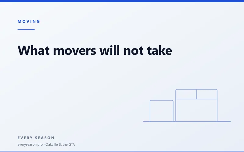 Editorial banner reading 'What movers will not take' with a line-drawn moving box motif on a light background