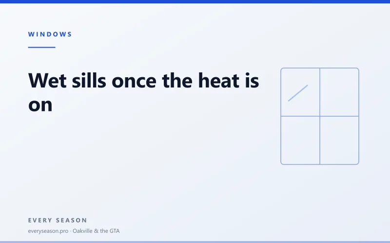 Light editorial banner with a window illustration and the title Wet sills once the heat is on